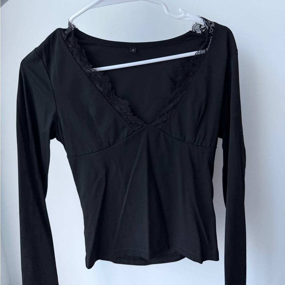 Revolve Black Lace-Trim Long Sleeve Top